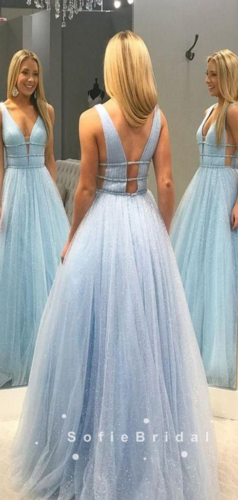 Shinny A-Line Deep V-Neck Sleeveless Tulle Long Prom Dresses With Beading,SFPD0035