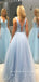 Shinny A-Line Deep V-Neck Sleeveless Tulle Long Prom Dresses With Beading,SFPD0035