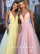 Shinny A-Line Deep V-Neck Sleeveless Tulle Long Prom Dresses With Beading,SFPD0035