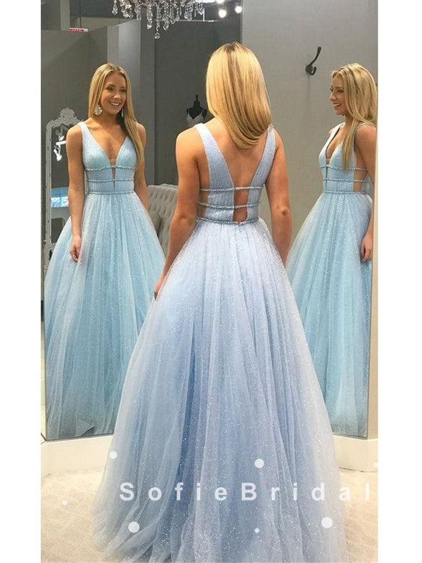 Shinny A-Line Deep V-Neck Sleeveless Tulle Long Prom Dresses With Beading,SFPD0035