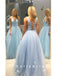Shinny A-Line Deep V-Neck Sleeveless Tulle Long Prom Dresses With Beading,SFPD0035