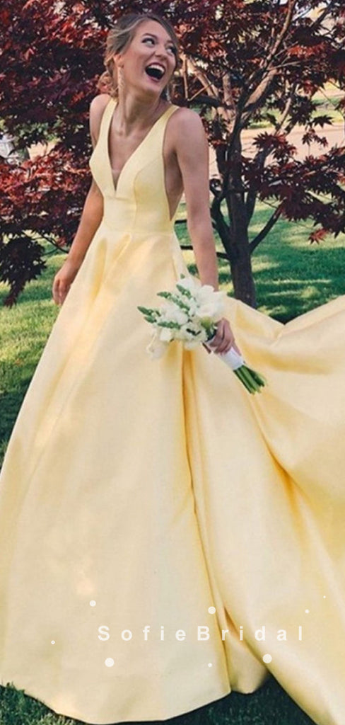 Simple A-Line V-Neck Sleeveless Red Long Prom Dresses With Pockets,SFPD0036
