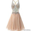 Popular Rhinestone Beaded Beige Chiffon Homecoming Dresses, SF0060