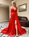 Sexy Red Satin Halter V-Neck Side Slit A-Line Long Prom Dresses With Pockets,SFPD0477
