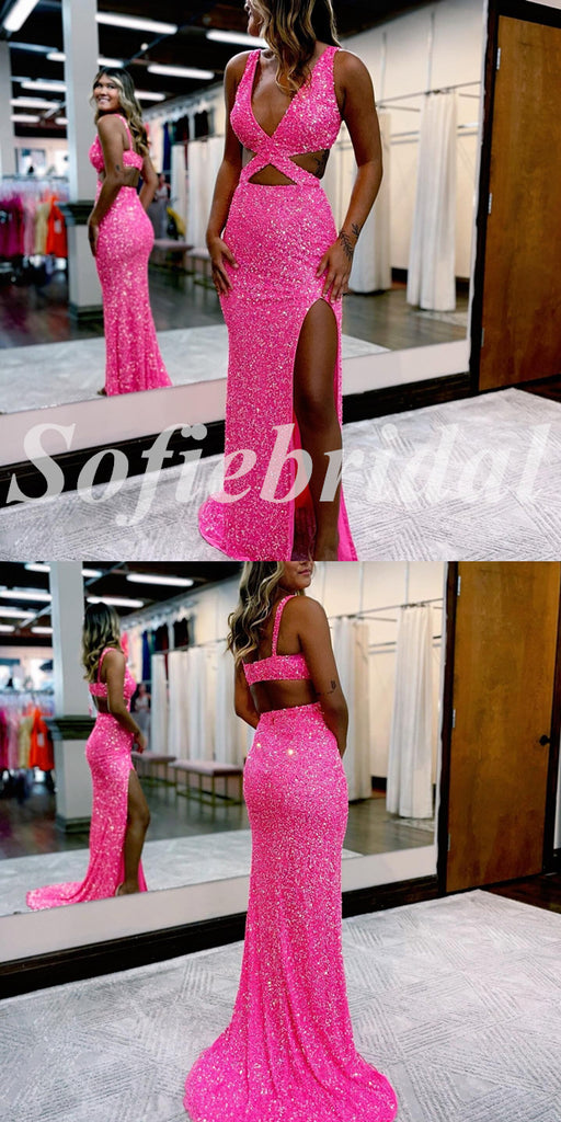 Sexy Sequin Spaghetti Straps V-Neck Sleeveless Side Slit Mermaid Long Prom Dresses,PD0744