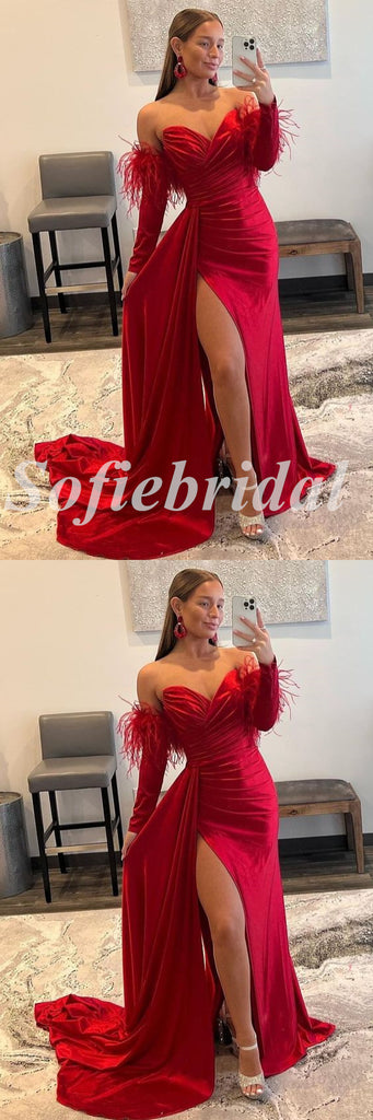 Sexy Satin Off Shoulder Long Sleeveless Side Slit Mermaid Long Prom Dresses With Trailing,SFPD0582