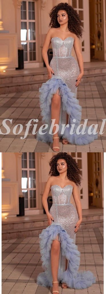 Sexy Sequin And Tulle Sweetheart V-Neck Sleeveless Side Slit Mermaid Long Prom Dresses,SFPD0729