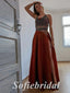 Sexy Satin And Tulle Halter Sleeveless Side Slit A-Line Long Prom Dresses, PD0839