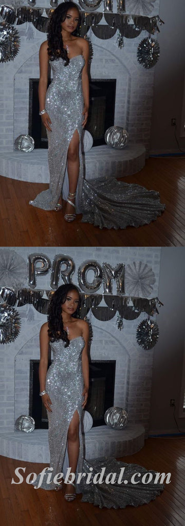 Sexy Silver Sequin Sweetheart Sleeveless Side Slit Mermaid Long Prom Dresses,SFPD0513