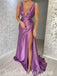 Sexy Satin Spaghetti Straps Deep V-Neck Sleeveless Side Slit Mermaid Long Prom Dresses,SFPD0572