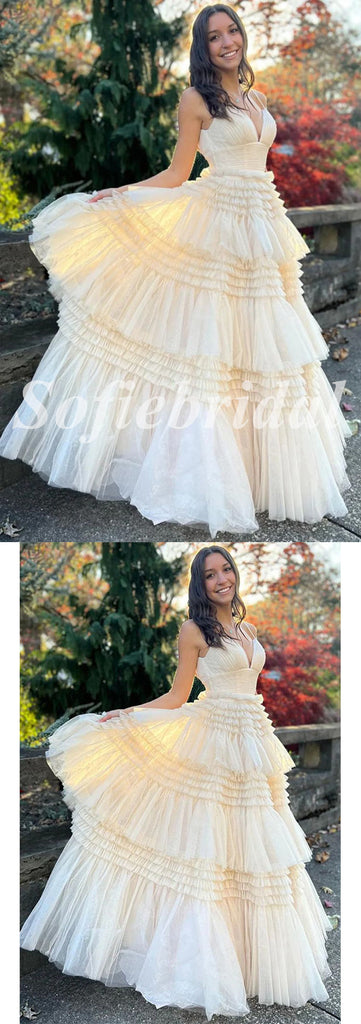 Sexy Tulle Spaghetti Straps V-Neck A-Line Long Prom Dresses, PD0847