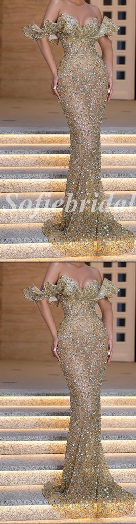 Sexy Sequin Off Shoulder V-Neck Sleeveless Mermaid Long Prom Dresses With Beading,PD0750