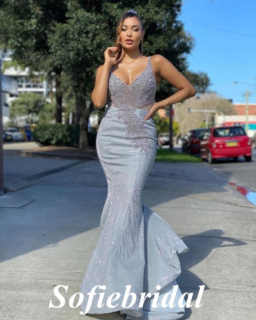 Sexy Spaghetti Straps V-Neck Sleeveless Mermaid Long Prom Dresses,PD0743