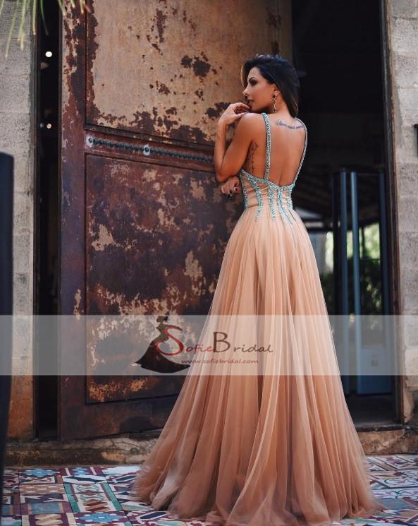 Simple Elegant Tulle Beaded Prom Dresses, Backless Prom Dresses, Cheap Prom Dresses, PD0414
