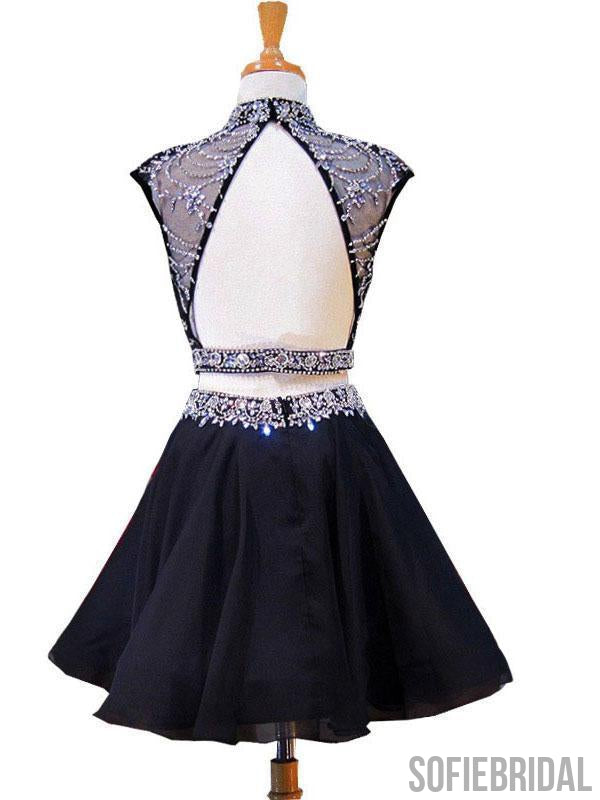 High Neck Beaded Short Two Piece Black Homecoming Dresses 2018, CM479