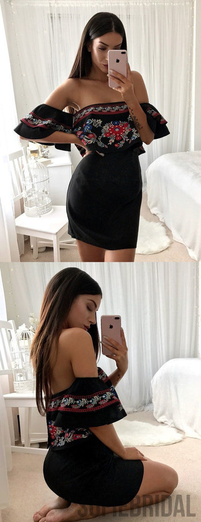 Off-shoulder Sheath Embroidery Black Satin Homecoming Dress, HD0126