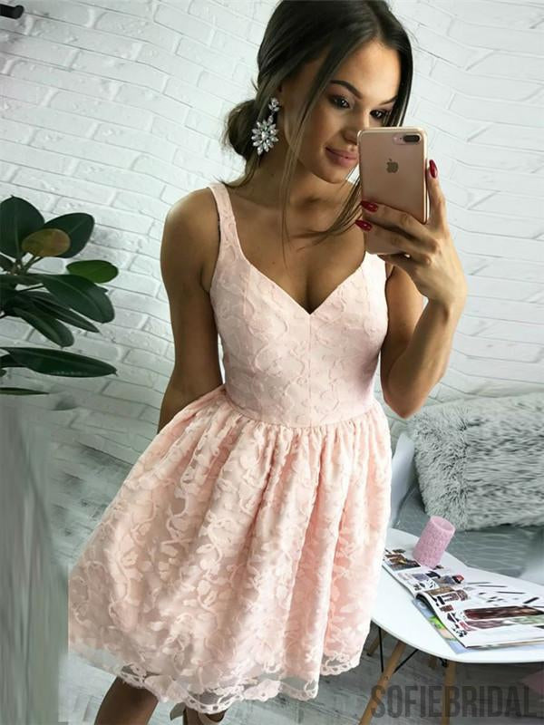 A-Line V-neck Straps Pink Lace Cheap Short Homecoming Dress, HD0124