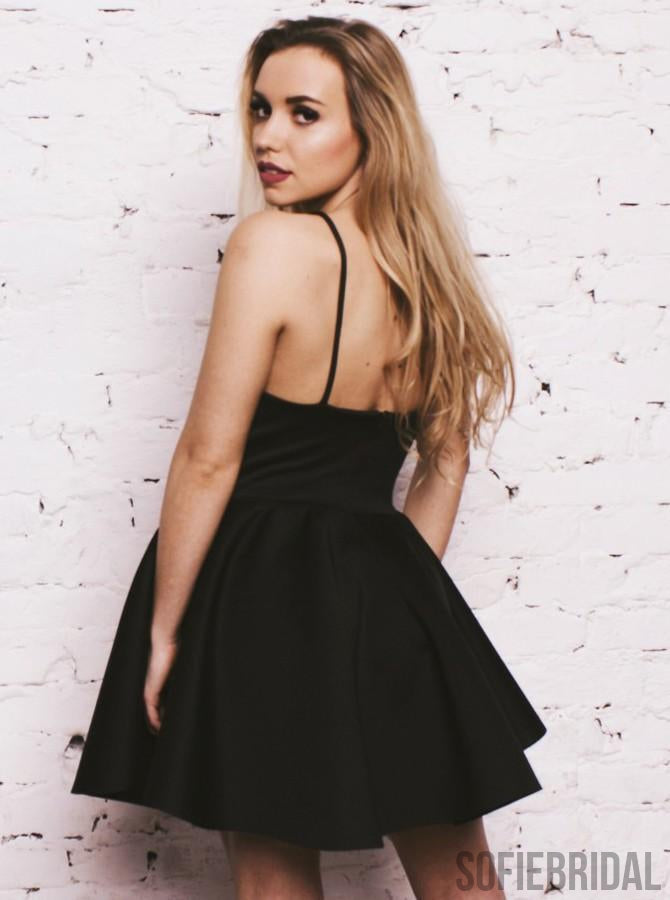 A-Line Spaghetti Straps Black Satin Short Homecoming Dress, HD0142