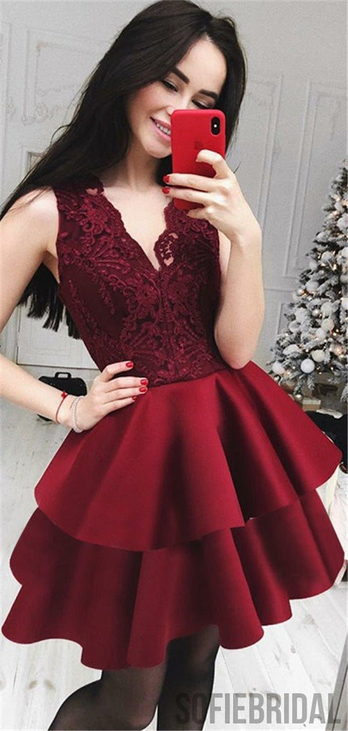 A-Line V-Neck Sleeveless Lace Top Homecoming Dresses With Ruffles, HD0118