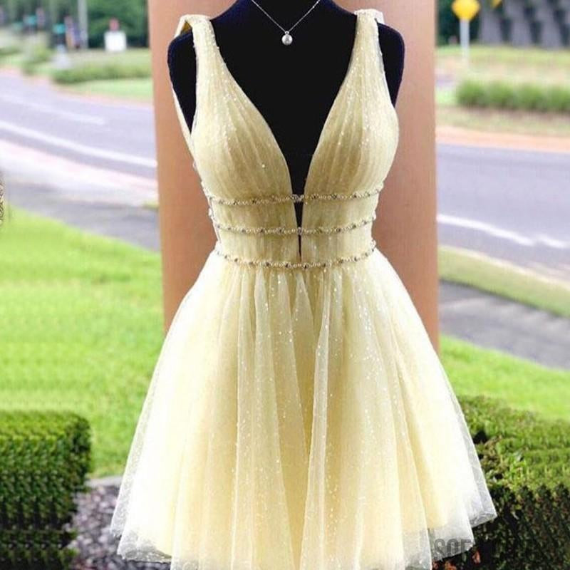 A-line V-neck Sparkly Yellow Tulle Beading Short Homecoming Dress, HD0167