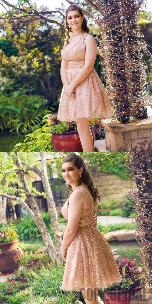 New Arrival V-neck Sleeveless Lace-up Back Short Homecoming Dress, HD0168