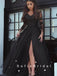 A-Line Long Sleeves Black Tulle Split Side Prom Dresses With Lace,SFPD0043