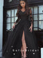 A-Line Long Sleeves Black Tulle Split Side Prom Dresses With Lace,SFPD0043