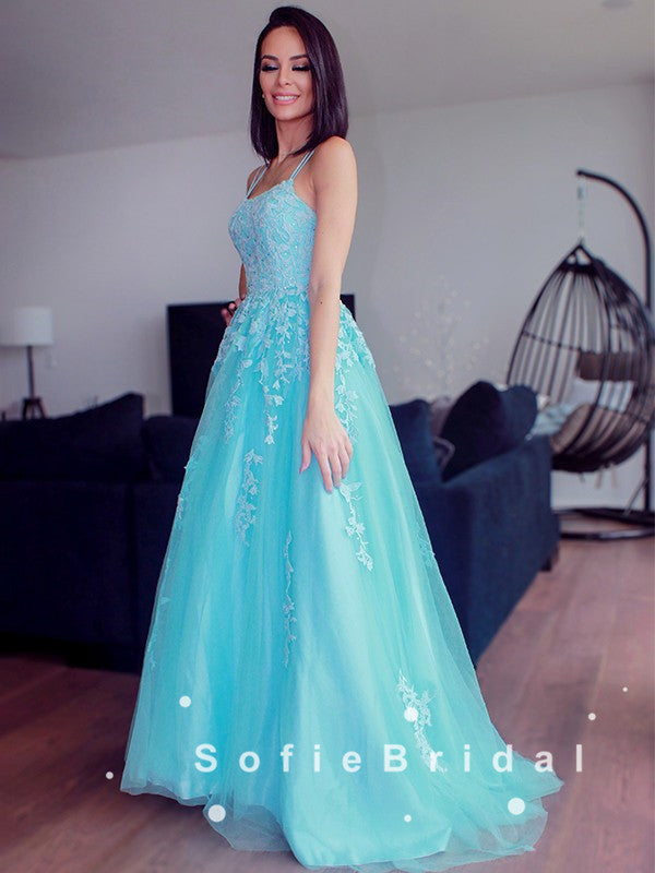 A-Line Spaghetti Straps Blue Tulle Long Prom Dresses With Lace,SFPD0044