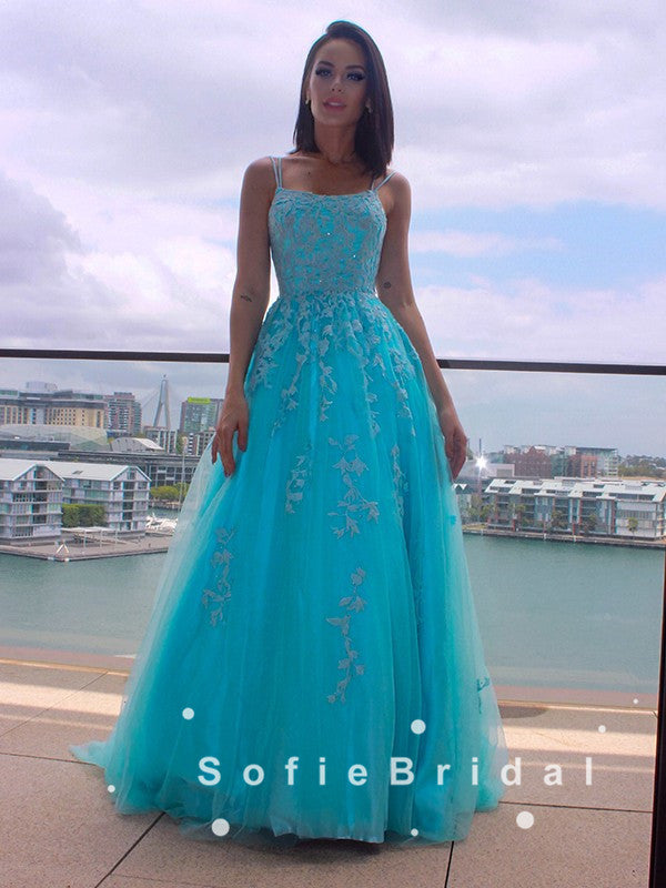A-Line Spaghetti Straps Blue Tulle Long Prom Dresses With Lace,SFPD0044