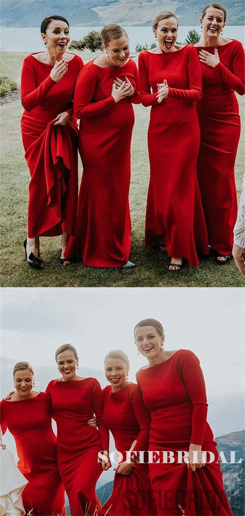 Mermaid Beteau Neck Simple Long SLeeves Red Bridesmaid Dresses, BD1088