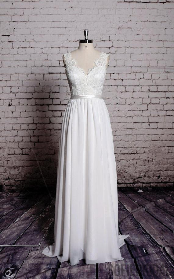 Simple Lace V Neck Cheap Beach Wedding Dresses Online, WD384