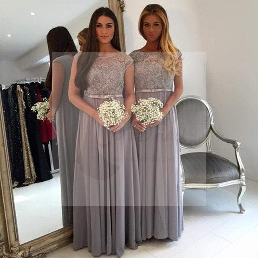 Modest Cap Sleeve Lace A Line Grey Floor-Length Chiffon Wedding Guest Dresses For Maid of Honor, WG44