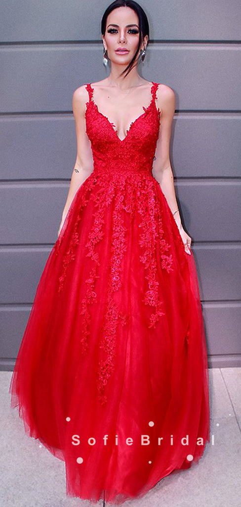 A-Line V-Neck Spaghetti Straps Red Tulle Long Prom Dresses With Lace,SFPD0045