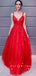 A-Line V-Neck Spaghetti Straps Red Tulle Long Prom Dresses With Lace,SFPD0045