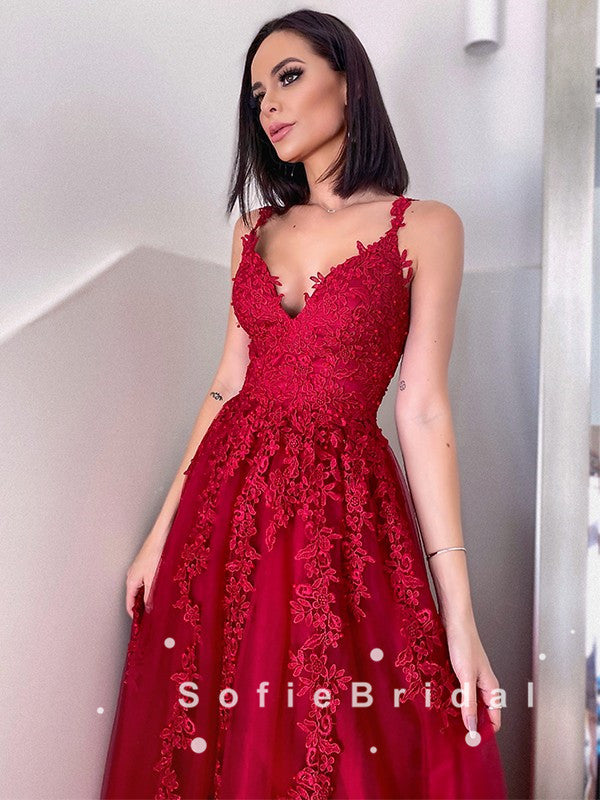 A-Line V-Neck Spaghetti Straps Red Tulle Long Prom Dresses With Lace,SFPD0045