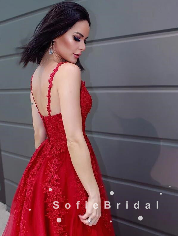 A-Line V-Neck Spaghetti Straps Red Tulle Long Prom Dresses With Lace,SFPD0045