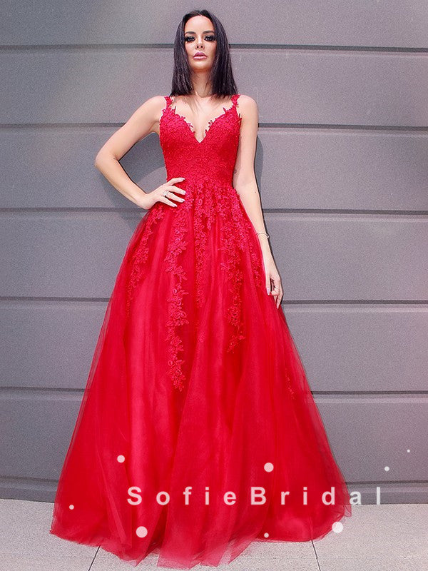 A-Line V-Neck Spaghetti Straps Red Tulle Long Prom Dresses With Lace,SFPD0045