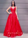 A-Line V-Neck Spaghetti Straps Red Tulle Long Prom Dresses With Lace,SFPD0045