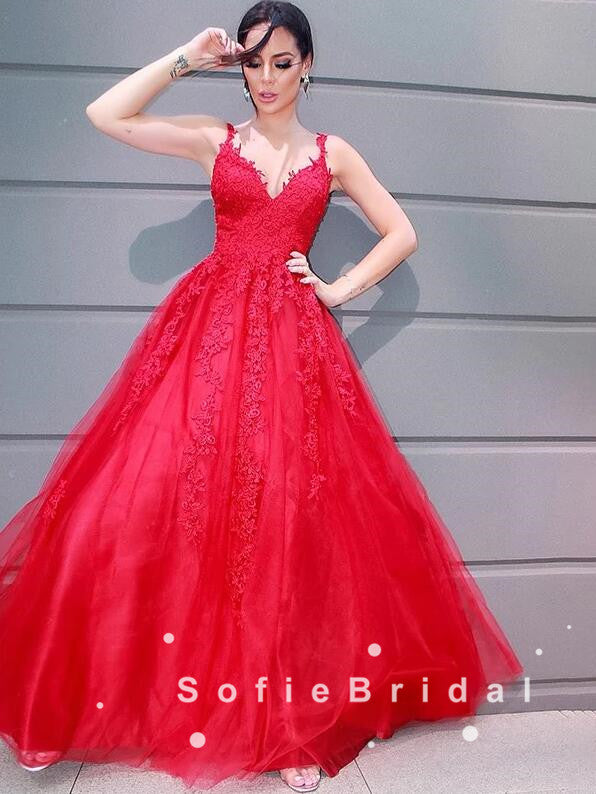 A-Line V-Neck Spaghetti Straps Red Tulle Long Prom Dresses With Lace,SFPD0045