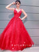 A-Line V-Neck Spaghetti Straps Red Tulle Long Prom Dresses With Lace,SFPD0045