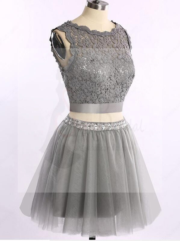 Two pieces grey lace tulle homecoming prom dresses, CM0003