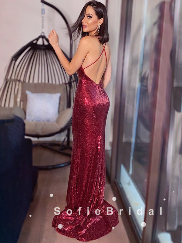Mermaid V-Neck Spaghetti Straps Sequined Long Prom Dresses,SFPD0046
