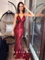 Mermaid V-Neck Spaghetti Straps Sequined Long Prom Dresses,SFPD0046