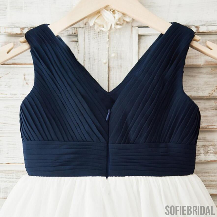 Navy Chiffon V-neck White Skirt Flower Girl Dresses, Simple Little Girl Dresses, FG081
