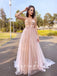 A-Line Deep V-Neck Spaghetti Straps Tulle Prom Dresses With Appliques,SFPD0048
