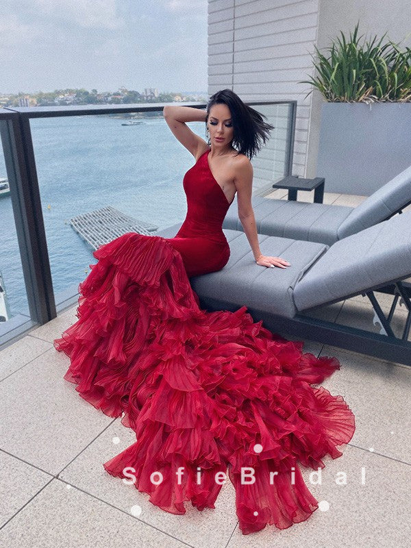 Mermaid One Shoulder Red Velvet Custom Long Prom Dresses,SFPD0049
