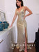 Sheath Spaghetti Straps Split Side Gold Sequin Cheap Long Prom Dresses,SFPD0050