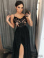 Spaghetti Black Prom Dresses, Side Slit Prom Dresses, Lace Prom Dresses, Cheap Prom Dresses, PD0640