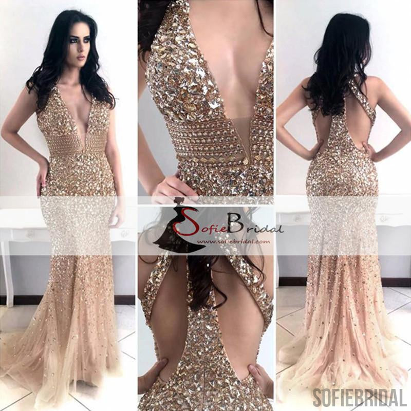 Sexy Deep V-neck Rhinestone Prom Dresses, Mermaid Prom Dresses, Popular Prom Dress, PD0418
