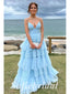 Sexy Tulle Spaghetti Straps V-Neck A-Line Long Prom Dresses, PD0848